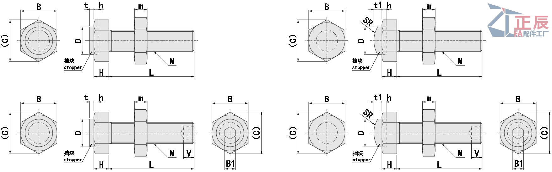 Anschlagbolzen mit Puffern, gerade Standardform, UST SUST LUST PUST PSST