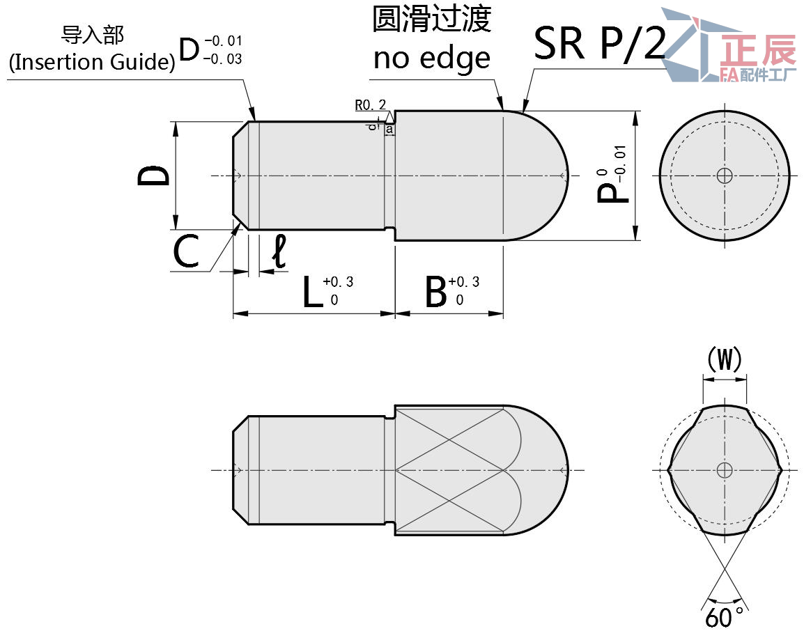 Zentrierstift mit großem Kopf, rund/Diamantkopf, sphärische Spitze JPQB