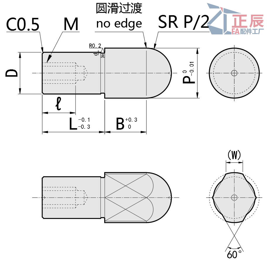 Positionierungsstift mit großem Kopf, rund/Diamantkopf, kugelförmige Spitze, mit Gewinde JPQTBB