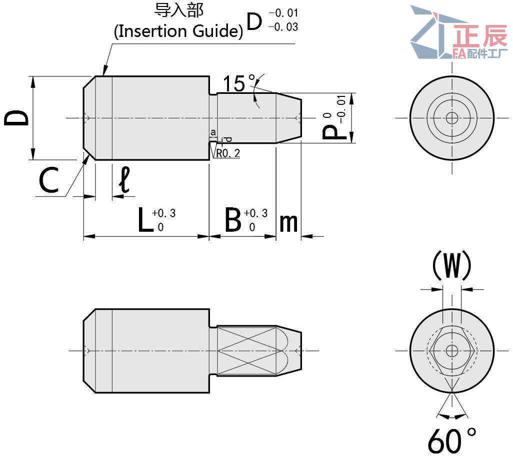 Positionierungsstift mit kleinem Kopf, runder/Diamantkopf, konische Spitze, gerader Schaft, P/L/B, konfigurierbar, JPSB