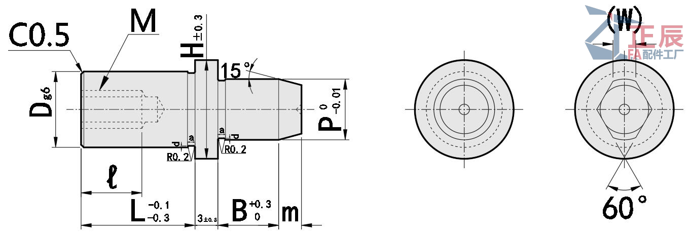 Schulter-Fixierstift, runder/Diamantkopf, konische Spitze, Gewindeschaft, JPUB
