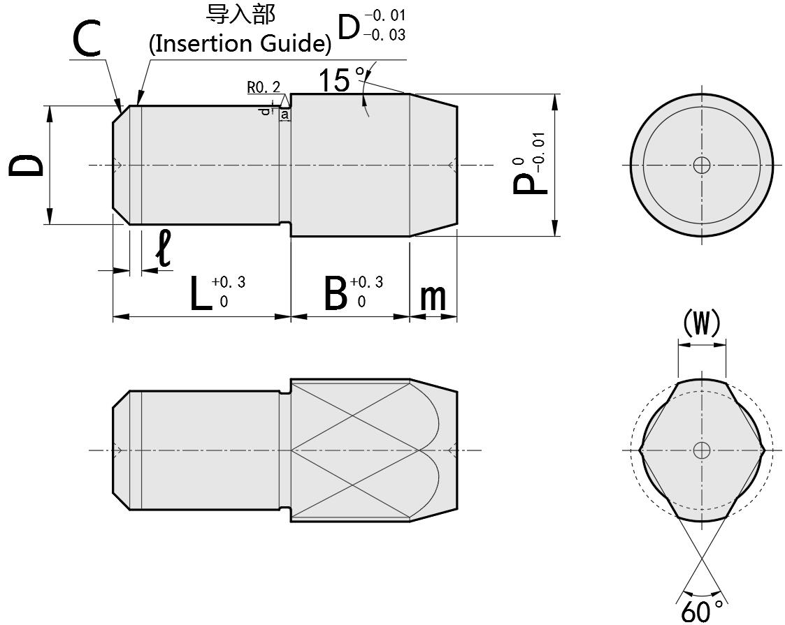 Positionierungsstift mit großem Kopf, runder/Diamantkopf, konische Spitze, gerader Schaft JPBB