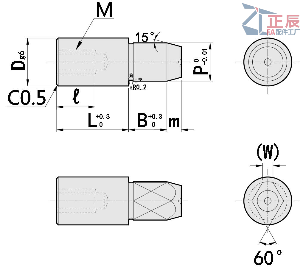 Lokalisierungsstift mit kleinem Kopf, Diamantkopf, konische Spitze, Gewindeschaft, JPSTB